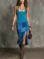 Detailed view of bohemian style blue patchwork skirt and ribbed halter top fashion set - Sky Blue
