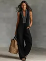 Elegant black sleeveless linen blend jumpsuit with embroidered stand collar and zipper - S / Jumpsuits / Black