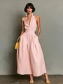 Elegant pink halter-neck shirt collar sleeveless maxi dress for women summer street style - Pink