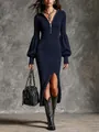 Elegant navy blue ribbed knit dress with trendy lantern sleeves and front zipper slit - Navy Blue / S