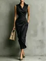 Elegant sleeveless black shirt dress with asymmetrical draped waist for summer office - S / Navy Blue