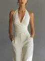 Elegantes Set aus weißem Neckholder-Top und weit geschnittener Hose mit hoher Taille - S / Oberteil Und Unterteil / Milchweiß
