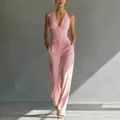 Elegantes rosa Halfter-Oberteil und weit geschnittene Hose mit hoher Taille im Set - Rosa