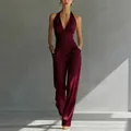 Elegantes burgunderrotes Neckholder-Top und Hose mit weitem Bein für Damen - S / Oberteil Und Unterteil / Burgunderrot