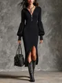 Elegante abito lungo nero in maglia a costine con maniche a lanterna e spacco - Nero