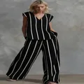 Franse minimalistische zwart-wit gestreepte katoen linnen set met wijde pijpen broek - S / Boven- En Onderstuk / Zwart