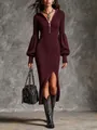 Elegante abito lungo in maglia a coste bordeaux con maniche a sbuffo e spacco frontale - Rosso scuro