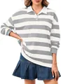 Polo casual a maniche lunghe da donna con strisce grigie e bianche vestibilità comoda - A righe bianche e grigie (CXPLKK08F)