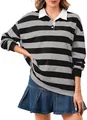 Felpa polo a righe a maniche lunghe da donna, vestibilità casual e ampia, grigia - Righe Nere e Grigie (CXPLKK08J)