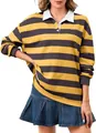 Polo a maniche lunghe oversize da donna con strisce gialle e nere e colletto bianco - Righe Gialle e Grigie (CXPLKK08K)