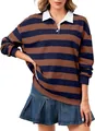 Polo casual da donna a maniche lunghe a righe marroni e blu con un classico colletto bianco - Righe Marroni e Blu Navy (CXPLKK08L)