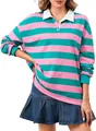 Polo a maniche lunghe a righe rosa e blu da donna con colletto bianco vestibilità ampia - Righe Rosa e Blu Ciano (CXPLKK08M)