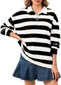 Felpa polo casual da donna a maniche lunghe a righe bianche e nere con una vestibilità molto comoda. - Righe bianco e nero (CXPLKK08N)