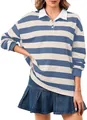 Polo a maniche lunghe a righe blu e bianche casual e ampia con colletto bianco a contrasto - Righe Blu e Bianco (CXPLKK08P)