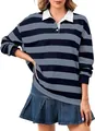 Polo a maniche lunghe da donna oversize casual con classiche strisce blu e grigie - Righe Grigio-Blu e Blu Scuro (CXPLKK08Q)