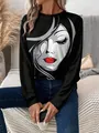 Sweat-shirt noir pour femmes à manches longues avec imprimé visage artistique - S / Hauts / Noir (Graphique de portrait/Y016)