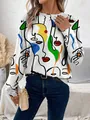 Sweat-shirt blanc à manches longues pour femmes avec motif d'art abstrait coloré - S / Top - Lignes de Visage Abstraites Colorées (ME01ME01ZN241118Y021) / Blanc