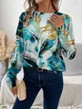 Élégant sweat-shirt à col rond et manches longues avec imprimé marbre bleu et or pour femme - S / Hauts / Motif marbre fluide bleu doré