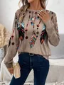 Sweat-shirt à manches longues pour femme marron terre avec imprimé plume bohème - S / Hauts / Plumes Brunâtres (Y023)