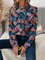 Sweat-shirt pour femme à col rond et manches longues avec imprimé feuilles - S / Style imprimé feuilles bleu marine et rose (ME01ME01ZN241118Y025)