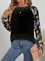 Sweat-shirt décontracté à col rond pour femme avec corps noir et manches raglan à fleurs. - S / Haut-Style Floral Vintage Patchwork Noir (ME01ME01ZN241118Y028) / Noir Patchwork