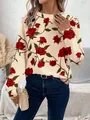 Sweat-shirt chic manches longues col rond femme avec élégant imprimé floral de roses rouges - S / Hauts / Blanc cassé avec des roses rouges