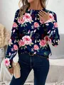Sweat-shirt à manches longues pour femme bleu marine avec motif floral de roses roses - S / Haut (ME01ME01ZN241118Y051) / Imprimé floral rose marine et rose