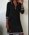 Casual black long sleeve sweatshirt dress with zipper polo collar and striped cuffs - S / Dresses / Black