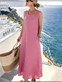 Ärmelloses rosa Sommerkleid aus Baumwollleinen mit Taschen für den sonnigen Urlaub - S / Kleider / Rosa