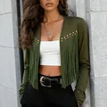 Close-up detail of women's olive green faux suede jacket featuring long fringe and gold studs - S / Tops / Green