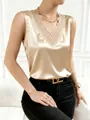 Elegant champagne satin tank top for women with delicate lace V-neck detailing. - S / Tops / Champagne