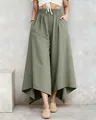 Detail view of olive green wide-leg culottes with a comfortable elastic waist design - S / Bottoms / Green