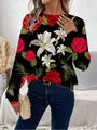 Sweat-shirt noir femme avec imprimés éclatants de roses rouges et de lys blancs. - S / Haut - Imprimé Botanique Roses et Lys (ME01ME01ZN241118Y052) / Noir