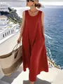 Elegante vestido largo rojo sin mangas de algodón y lino ideal para un estilo de vacaciones - Rojo