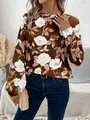 Sweat-shirt femme marron à fleurs avec motif botanique et manches longues col rond - S / Haut - Style Floral Marron avec Roses Blanches (ME01ME01ZN241118Y054) / Brun Foncé