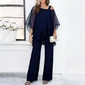 Elegant navy blue two-piece set with tiered chiffon top and wide-leg trousers - S / Top And Bottom / Navy Blue