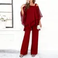 Elegant red two-piece women's outfit with asymmetric layered top and sheer chiffon sleeves - S / Top And Bottom / Burgundy