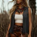 Gilet vintage in pelle scamosciata con frange e borchie da donna, stile bohémien - Taglia S / Top / Nero