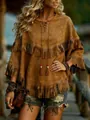 Western style brown suede fringe poncho with lace-up tassel neck for bohemian look - One Size / Tops / Khaki