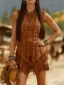 Bohemian brown suede vest with hollow-out patterns and fringe for women's fashion - S / Tops / Khaki