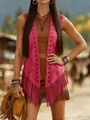 Bohemian style bright pink sleeveless vest with hollow cutouts and fringe details - S / Tops / Rose Red
