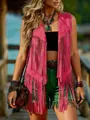 Dettaglio del gilet scamosciato rosa con lunghe frange fluenti per un look western - Taglia S / Top / Rosso rosa