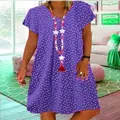 Casual purple V-neck short sleeve dress with white heart print for women's summer fashion - S / Dresses / Purple