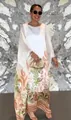 Elegant loose white kaftan maxi dress with tropical floral print on lower half - S / Dresses / White