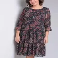 Abito floreale a strati da donna con polsini a volant e maniche a tre quarti elegante. - Taglia S / Abito (5573) / Rosso