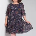 Elegante abito a balze in chiffon con stampa paisley blu navy e maniche a tre quarti - Taglia S / Abito (5573) / Blu
