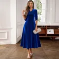 Elegant royal blue long-sleeve velvet midi dress with V-neck for formal dinner parties - S / Dresses / Sapphire Blue