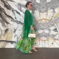 Summer loose green printed kaftan dress with long sleeves for women - S / Dresses / Green