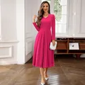 Elegant fuchsia long-sleeved velvet pleated midi dress for elegant formal occasions - S / Dresses / Rose Red