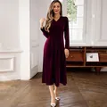 Elegant burgundy gold velvet long-sleeved V-neck dress with a classic A-line silhouette - S / Dresses / Purple